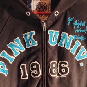 PINK Victoria's Secret Black Zip-Up Hoodie with Turquoise Appliqué